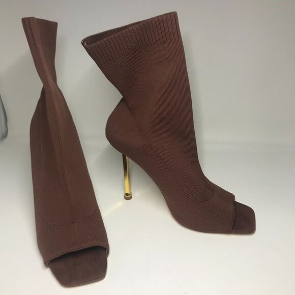 Liliana Brown Fabric Knit Sock High Heel Peep Toe Stiletto Booties Size 10 - Picture 6 of 8